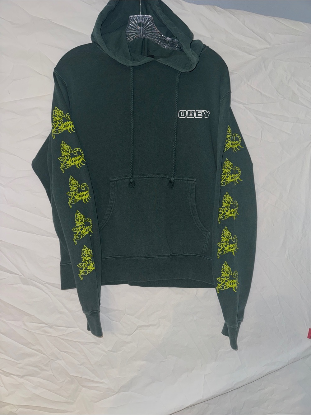 Obey Scorpion Dark Green Hoodie with Neon Yellow Sleeve Graphics - Men's Sweater